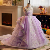Lavender Purple Girls Pageant Dress | Luxury Pearl Tassel Gown
