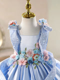 Sky Blue Baby Party Dress Flower Girl Dress with 3D Floral Appliques - Elegant Satin Princess Gown