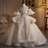 Champagne Girls Pageant Dress | Luxury Silver Embroidered Gown