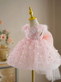 Blush Pink Feather Shoulder 3D Floral Butterfly Tulle Flower Girl Dress With Matching Headpiece