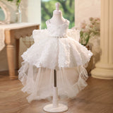 White 3D Petal High Low Train Flower Girl Dress | Rhinestone Waist Spaghetti Strap Princess Gown