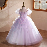 Lavender 3D Butterfly Puff Sleeve Princess Flower Girl Dress | Sparkle Tulle Pageant Gown