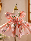 Pink Satin Flower Girl Dress & Princess Dress: Embroidered Kids Party Gown