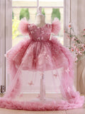 Dusty Pink Flower Girl Dress with Train 3D Butterfly Baby Pageant Birthday Princess Gown