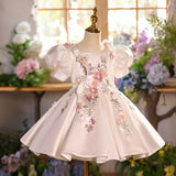 Luxurious 3D Floral Embroidery Flower Girl Dress with Puff Sleeves — Premium Tulle Princess Ball Gown for Weddings & Birthdays
