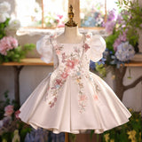 Luxurious 3D Floral Embroidery Flower Girl Dress with Puff Sleeves — Premium Tulle Princess Ball Gown for Weddings & Birthdays
