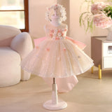 Champagne Flower Girl Dress with Big Bow Train 3D Floral Kids Birthday Princess Gown