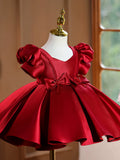 Red Puff Sleeve Satin Flower Girl Dress | Bow Beaded Toddler Birthday Princess Gown