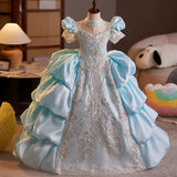 Shimmering Light Blue Flower Girl Dress - Layered Tulle Princess Pageant Gown
