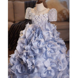 Dusty Blue Girls Pageant Dress | Luxury 3D Floral Recital Gown