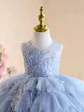 Blue Lace Ruffled Tulle Flower Girl Dress | Sleeveless Kids Birthday Tutu Gown for Piano Performance & Wedding
