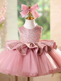 Sparkly Pink Ruffle Waist Puffy Tulle Toddler Flower Girl Dress for Wedding Baptism Birthday