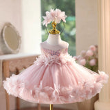 Blush Pink Sequin Halter Flower Girl Dress | 3D Floral Petal Tulle Kids Formal Gown for Wedding Birthday Pageant