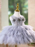 Gray Flower Girl Dress with 3D Floral & Feather Details Birthday Party Gown