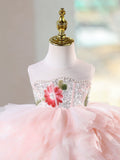 Luxury Pink Floral Sequin Flower Girl Dress with Ruffled Tutu Skirt