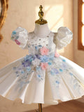 Ivory Satin Multi-Color 3D Flower Pearl Appliqué Flower Girl Dress for Wedding Birthday Pageant