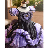Black & Purple Pageant Flower Girl Dress | Luxury Girls Tiered Gothic Princess Ball Gown