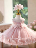 Blush Pink Sequin Halter Flower Girl Dress | 3D Floral Petal Tulle Kids Formal Gown for Wedding Birthday Pageant