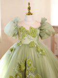 Sage Green Puff Sleeve Tulle Flower Girl Dress 3D Leaf Embroidery Kids Pageant Gown