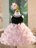Black and Pink Flower Girl Dress with Pearl Halter Neck & 3D Petal Skirt