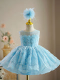 Sky Blue Sequined Baby Flower Girl  Dress Pageant Gown for 1st Birthday & Weddings