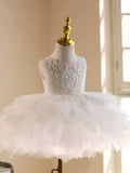 Flower Girl Dress White Lace Beaded Tutu First Communion Dress with Bow Veil for Baby