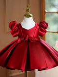 Red Puff Sleeve Satin Flower Girl Dress | Bow Beaded Toddler Birthday Princess Gown