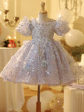 Sparkling Silver Girls Birthday Party Dress - Elegant Tulle Pageant Gown with Puff Sleeves