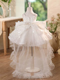 White 3D Petal High Low Train Flower Girl Dress | Rhinestone Waist Spaghetti Strap Princess Gown