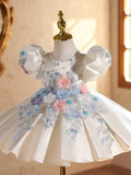 Ivory Satin Multi-Color 3D Flower Pearl Appliqué Flower Girl Dress for Wedding Birthday Pageant