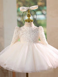 Sparkly Long Sleeve Flower Girl Dress Baby Birthday Party Gown with Bow Headband