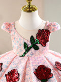 Sleeveless Pink Sequin Rose Flower Girl Dress Princess Birthday Party Gown for Toddler Kids