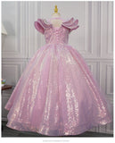 Sparkly Pink Sequin Flower Girl Dress - Girls 3D Flower Princess Ball Gown