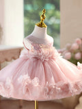 Blush Pink Sequin Halter Flower Girl Dress | 3D Floral Petal Tulle Kids Formal Gown for Wedding Birthday Pageant