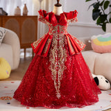 Red & Gold Girls Pageant Dress | Luxury Kids Holiday Gala Birthday Party Gown