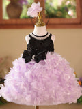 Black Top Lavender 3D Petal Tutu Flower Girl Dress | Pearl Halter Kids Pageant Gown with Big Bow for Birthday Wedding Party