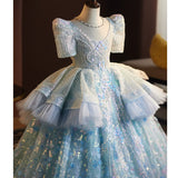 Glittery Ice Blue Princess Flower Girl Dress | Heavy Beaded Baby Birthday Ball Gown