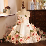 Ivory Satin Strapless 3D Rose Applique Flower Girl Dress for Wedding Baptism Birthday
