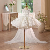 Sleeveless Textured Fringe White Flower Girl Gown with Removable Tulle Train for Wedding Baptism Pageant