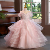 Blush Pink Off Shoulder Glitter Sequin Layered Tulle Flower Girl Dress Pageant Gown