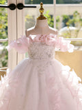 Sparkly Sakura Flower Girl Dress Pink Princess Ball Gown with Heavy Beading for Girls Party