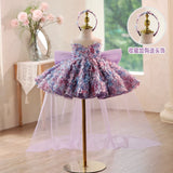 Lavender 3D Floral Flower Girl Dress with Big Bow & Hi-Low Train