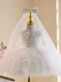 Flower Girl Dress White Lace Beaded Tutu First Communion Dress with Bow Veil for Baby
