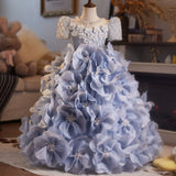 Dusty Blue Girls Pageant Dress | Luxury 3D Floral Recital Gown