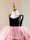 Black Velvet Pink Rhinestone Tulle Flower Girl Dress | Sleeveless Princess Birthday Tutu Gown