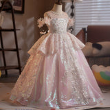 Luxury Pink Flower Girl Dress with Iridescent Sequins | Pageant Princess Gown