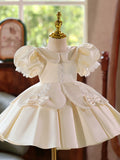 Champagne Satin Peter Pan Collar Flower Girl Dress | Puff Sleeve Lace Bow Kids Wedding Bridesmaid Formal Gown for Birthday Pageant