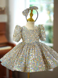 Iridescent Sequin Flower Girl Dress Puff Sleeve Princess Birthday Gown for Piano Performance