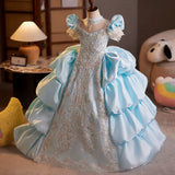 Shimmering Light Blue Flower Girl Dress - Layered Tulle Princess Pageant Gown