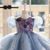 Baby Blue Sequin Birthday Dress - Floral Tutu Princess Gown for Infant & Toddler - Luxury Puff Sleeve Party Wear